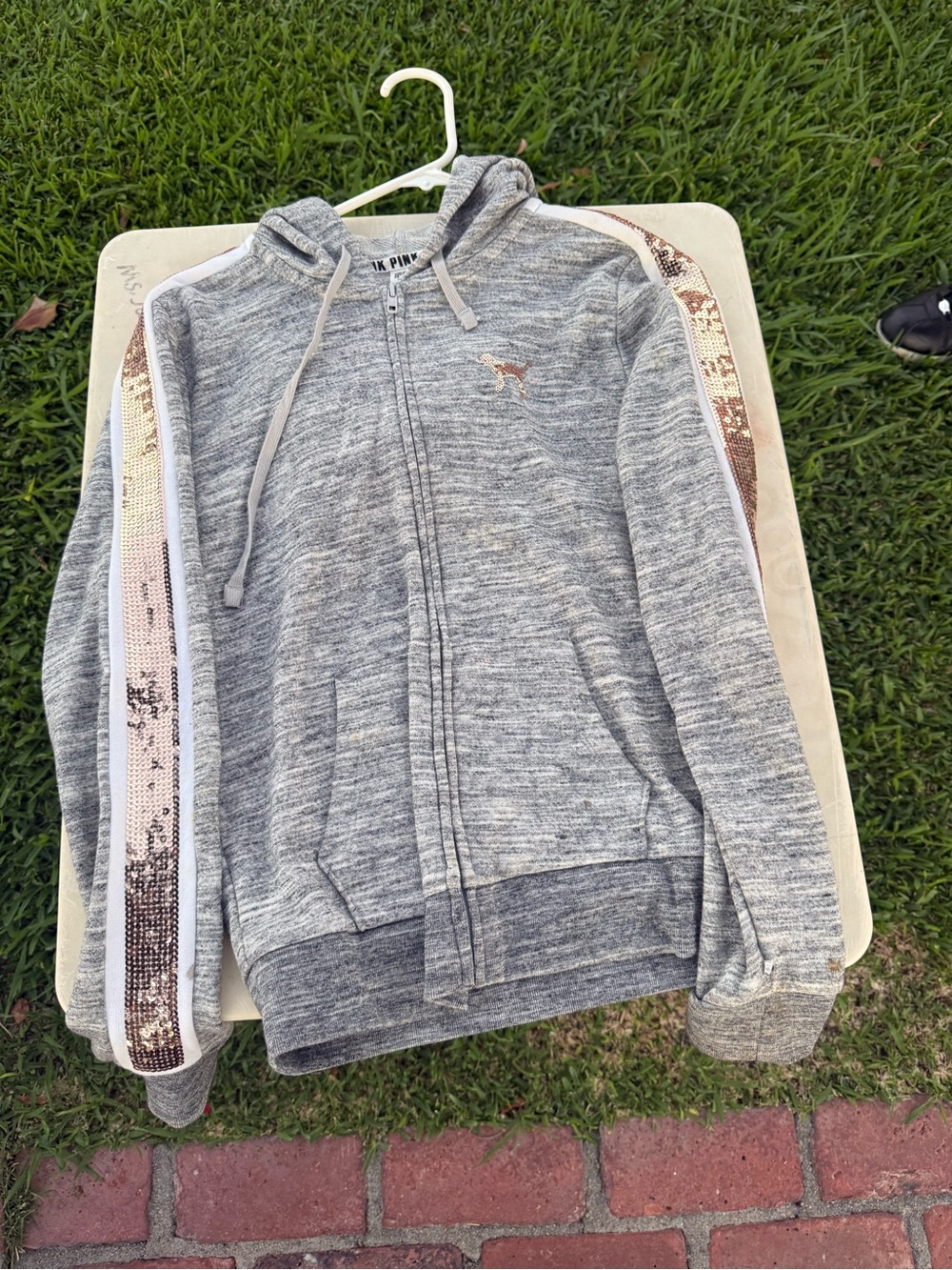 Pink Victoria's Secret Heather Gray Zip-Up Hoodie with Sequin Sleeves - Kids
